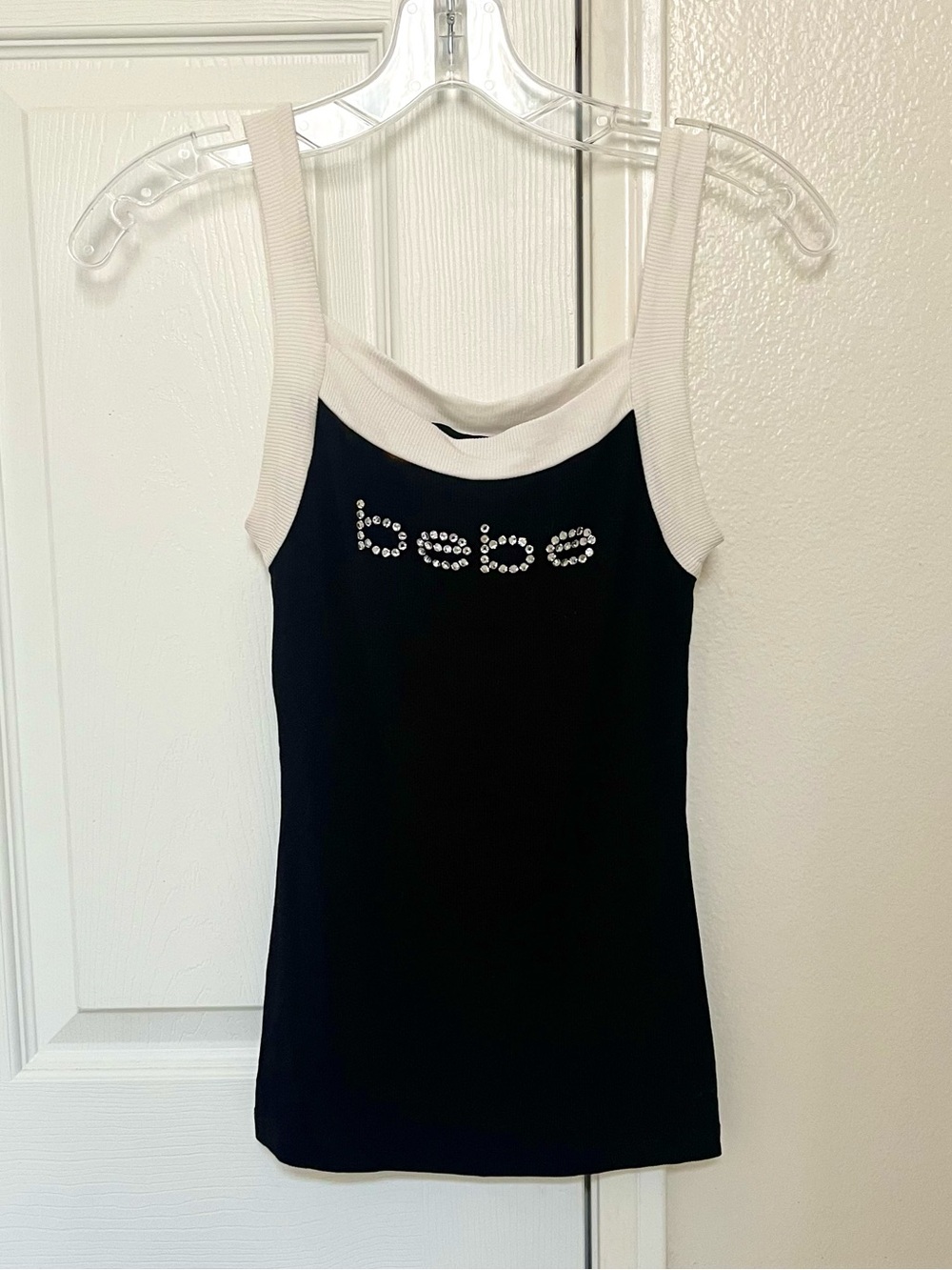 Bebe Black Tank Top with White Trim and Rhinestone Logo